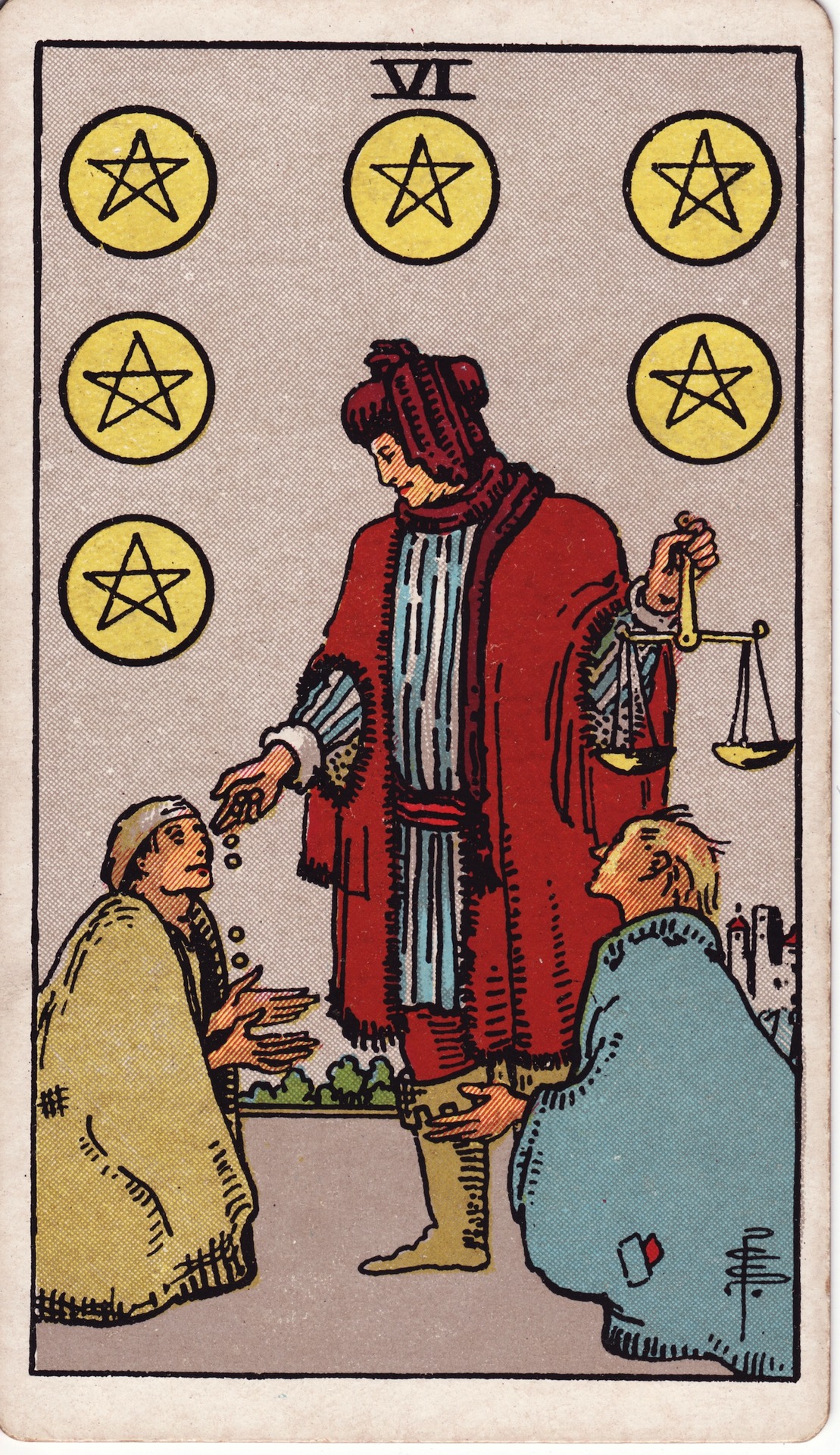 Six of Pentacles — original Rider–Waite–Smith artwork by Pamela Colman Smith