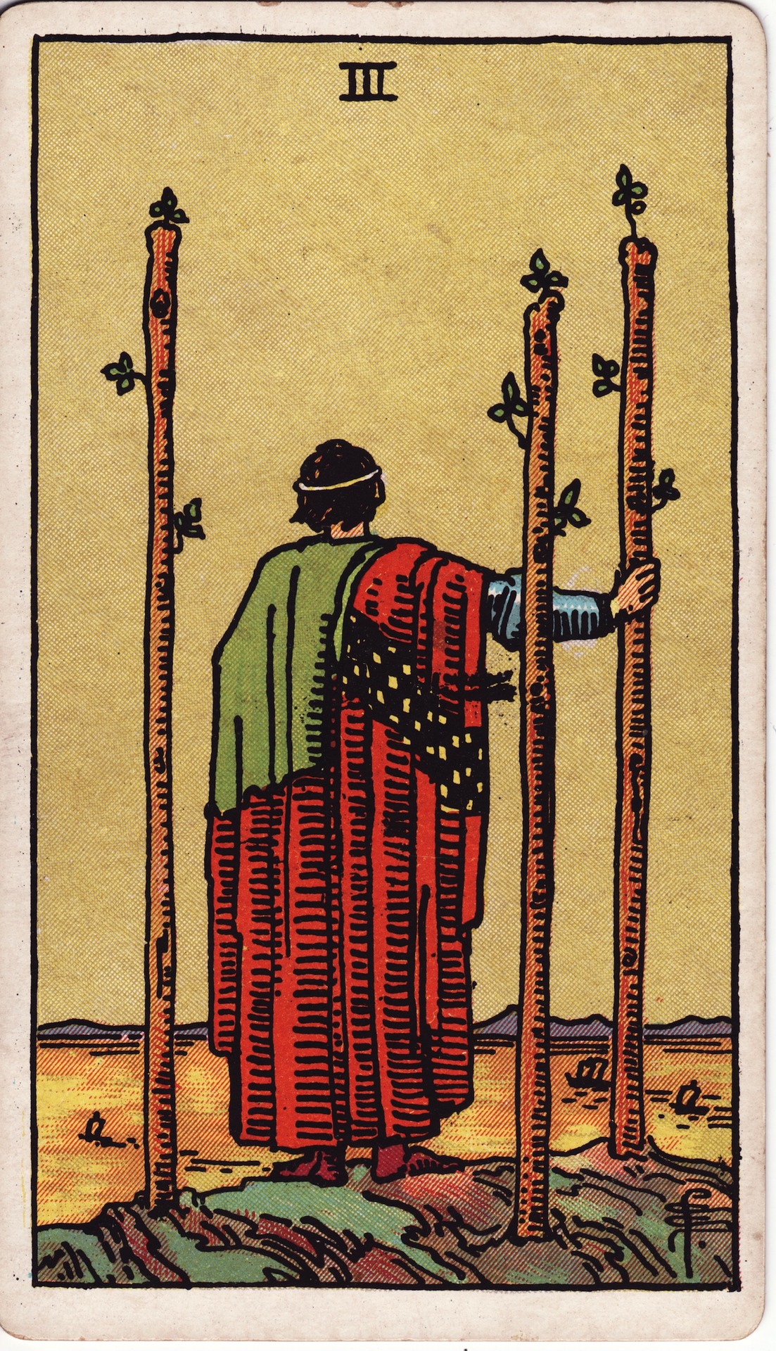 Three of Wands — original Rider–Waite–Smith artwork by Pamela Colman Smith