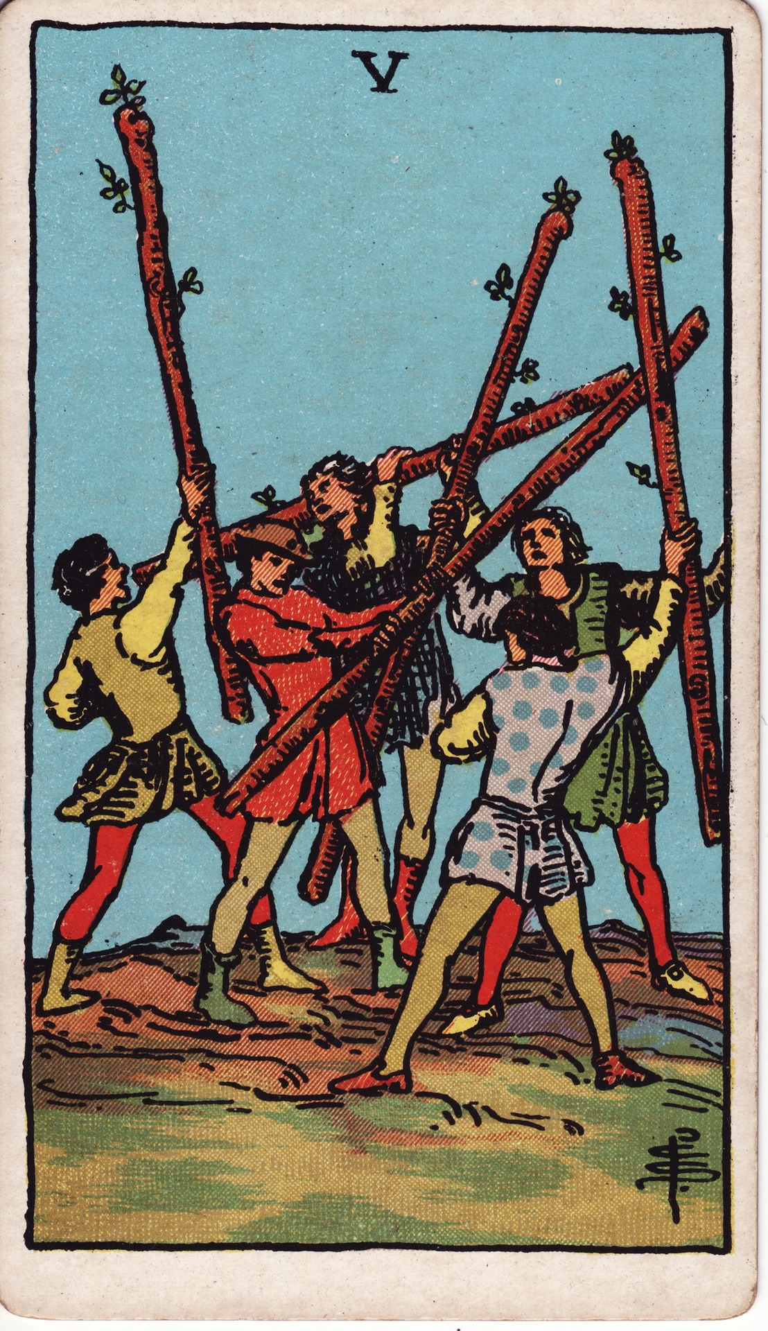 Five of Wands — original Rider–Waite–Smith artwork by Pamela Colman Smith