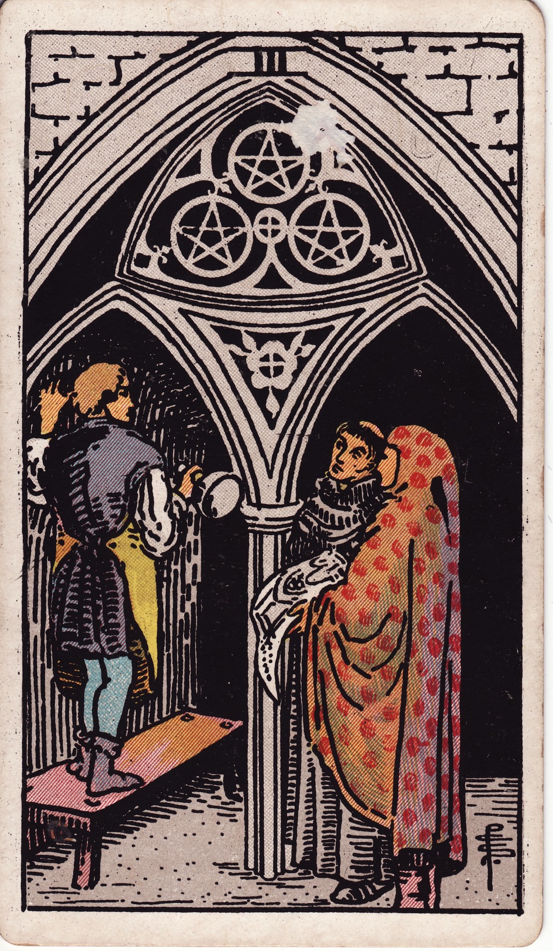 Three of Pentacles — original Rider–Waite–Smith artwork by Pamela Colman Smith