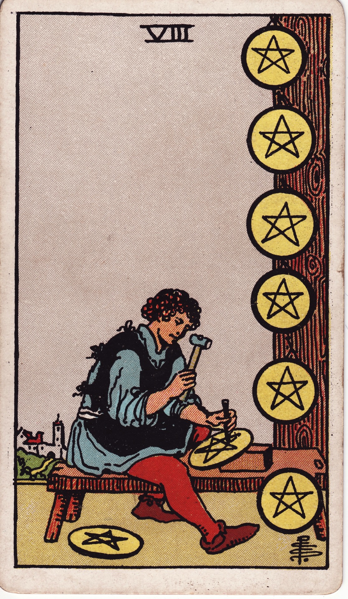 Eight of Pentacles — original Rider–Waite–Smith artwork by Pamela Colman Smith