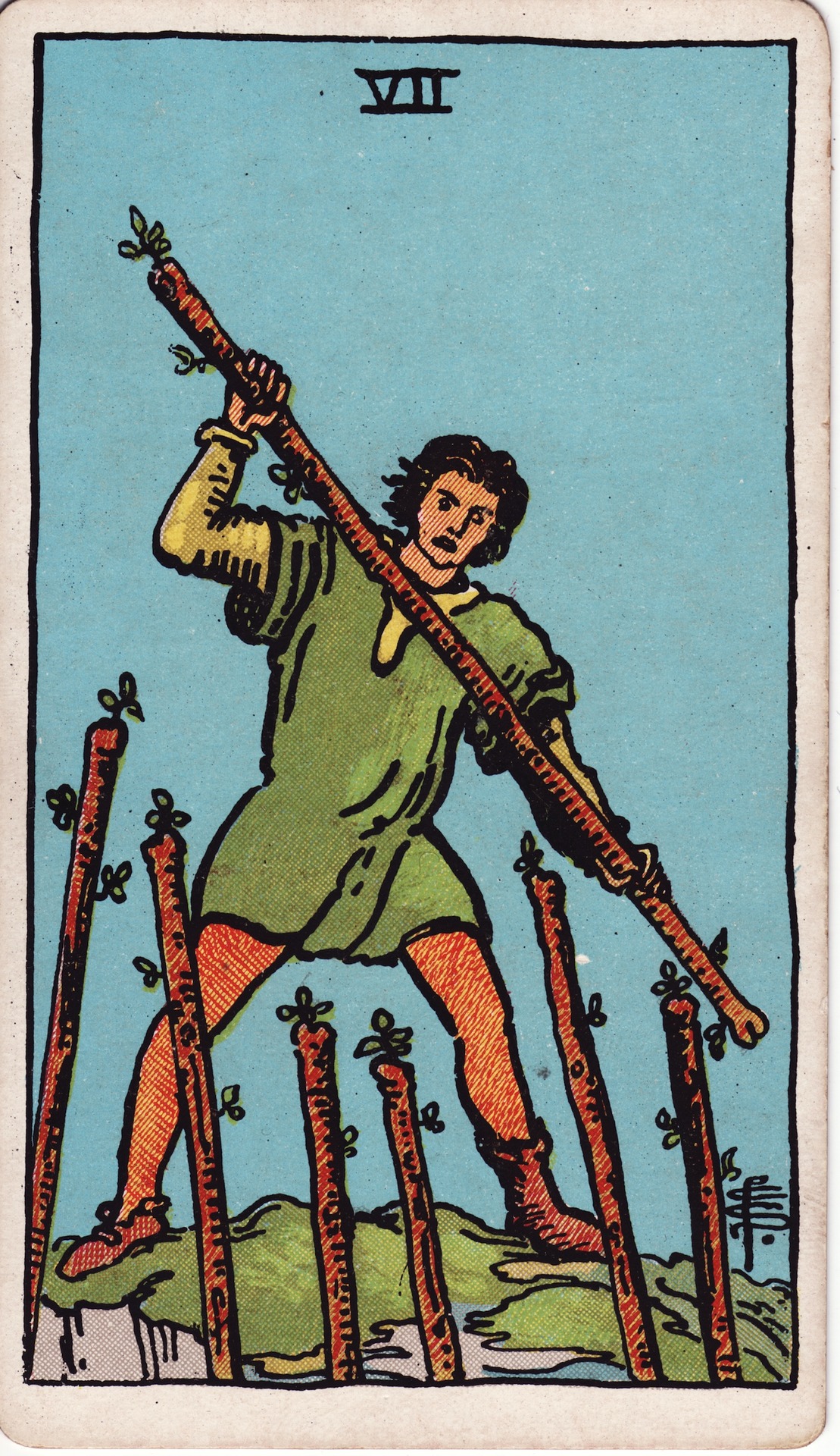 Seven of Wands — original Rider–Waite–Smith artwork by Pamela Colman Smith