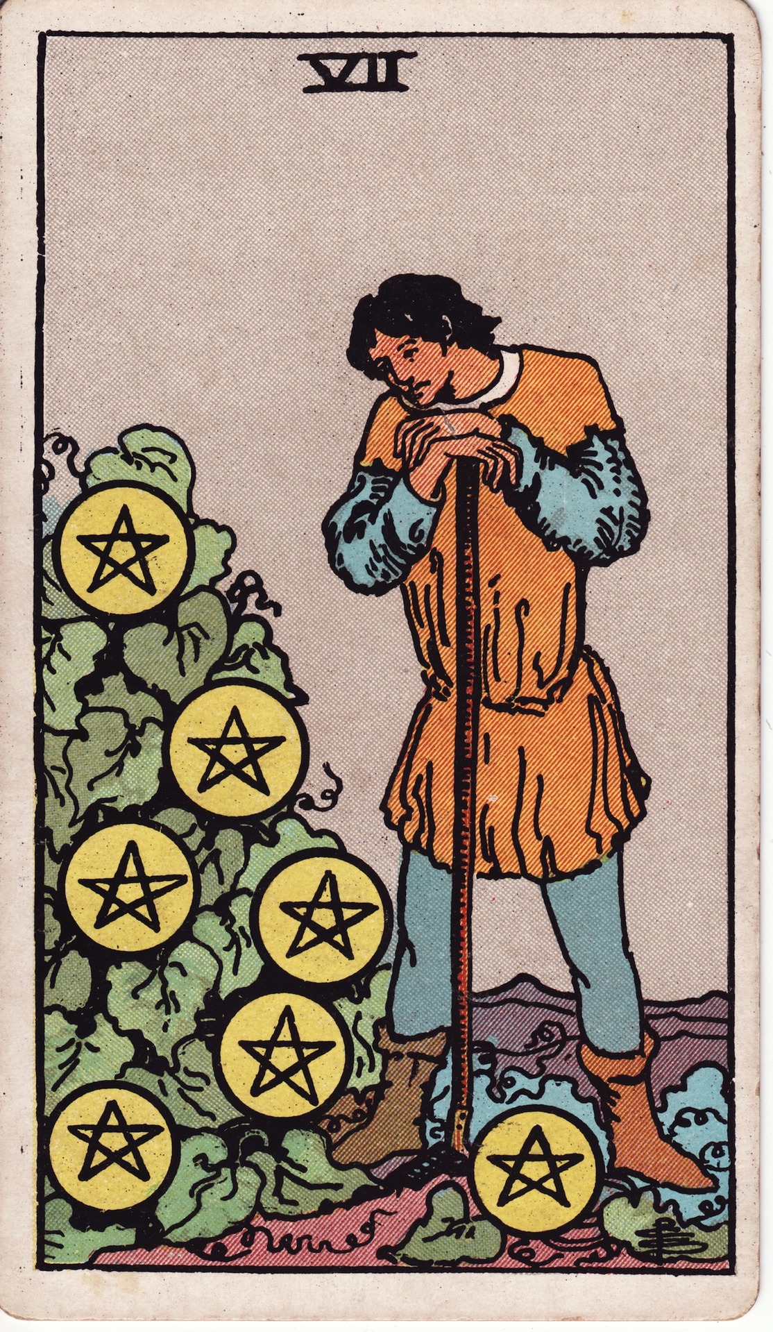 Seven of Pentacles — original Rider–Waite–Smith artwork by Pamela Colman Smith