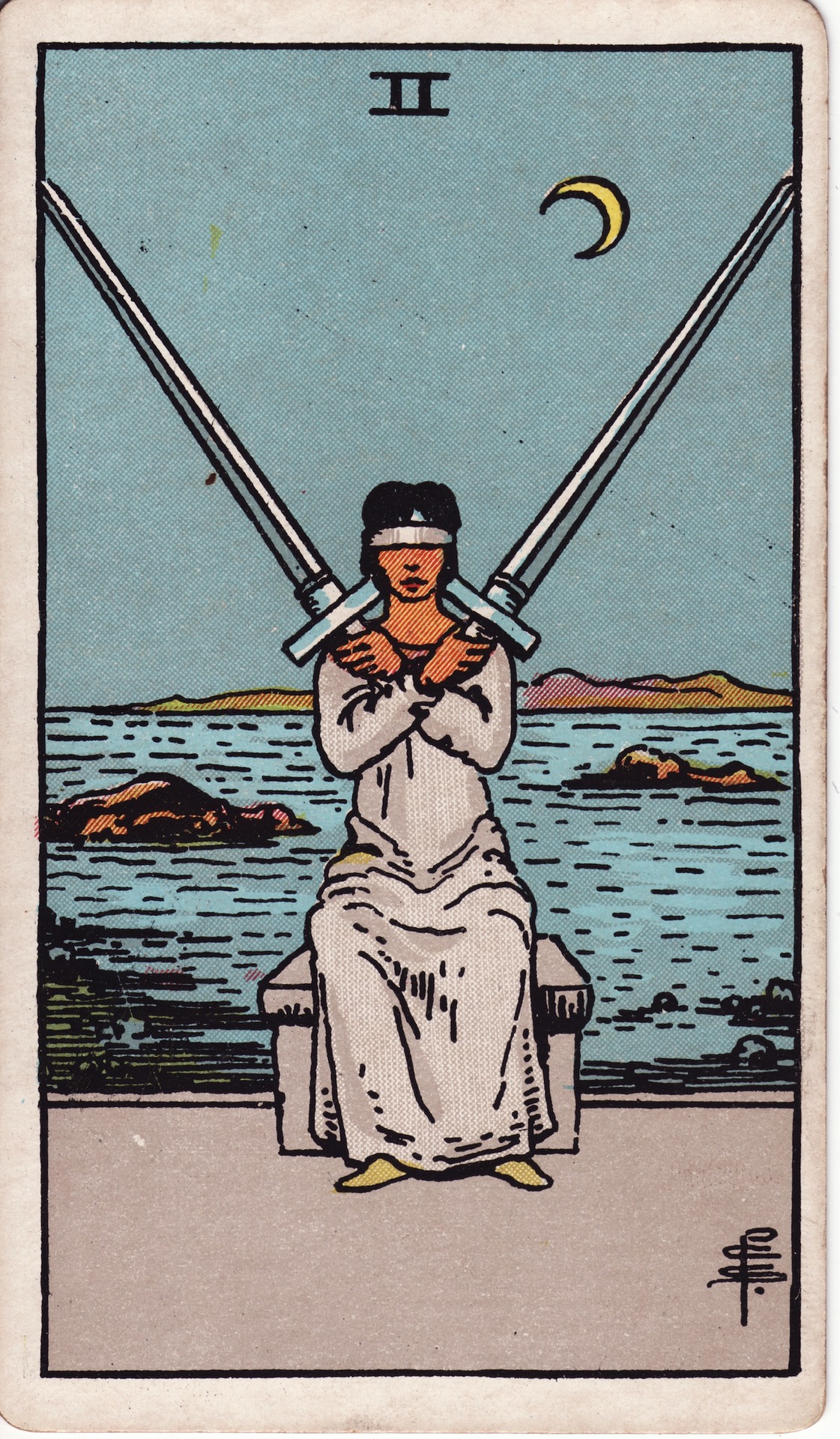 Two of Swords — original Rider–Waite–Smith artwork by Pamela Colman Smith