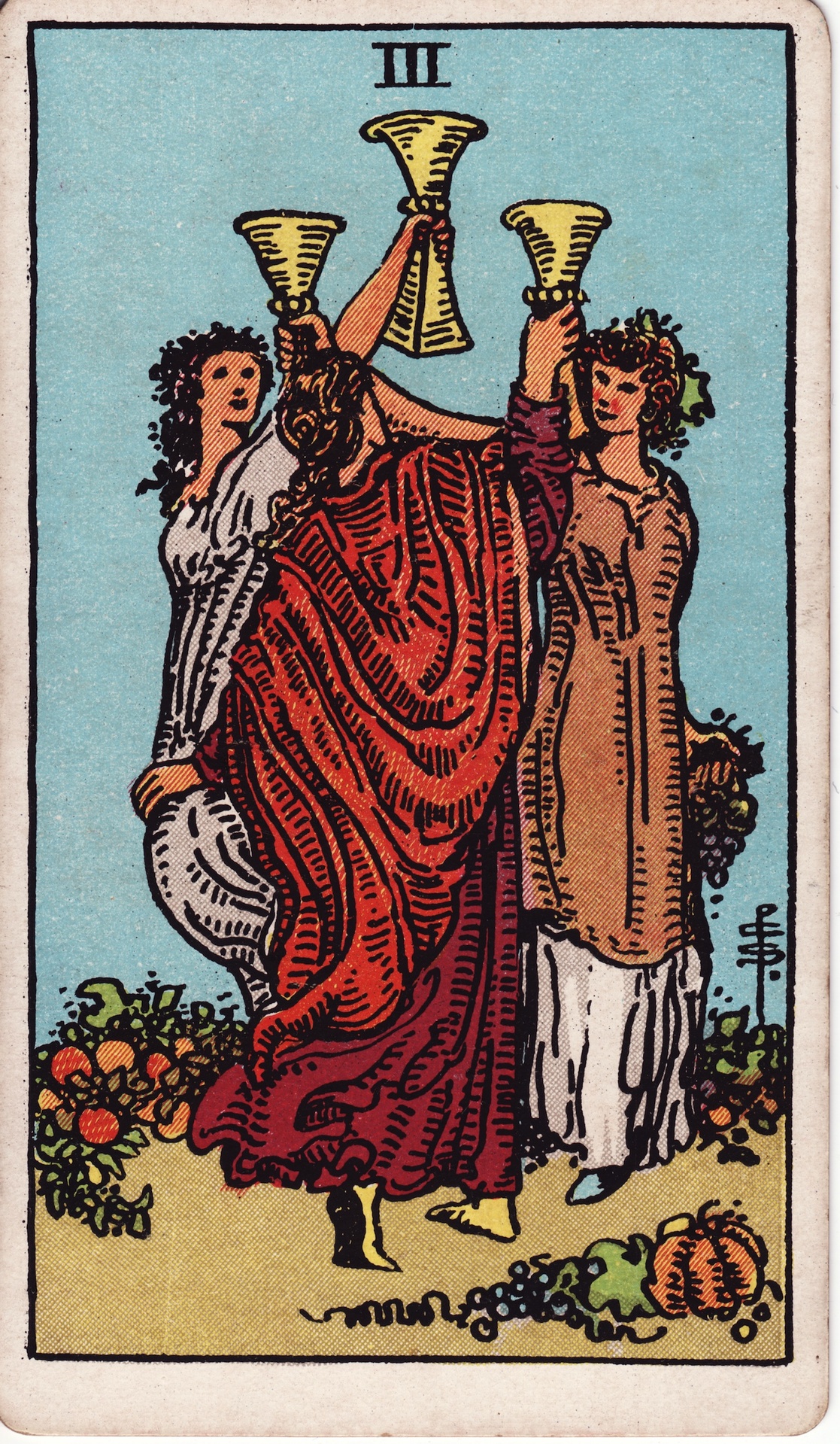 Three of Cups — original Rider–Waite–Smith artwork by Pamela Colman Smith