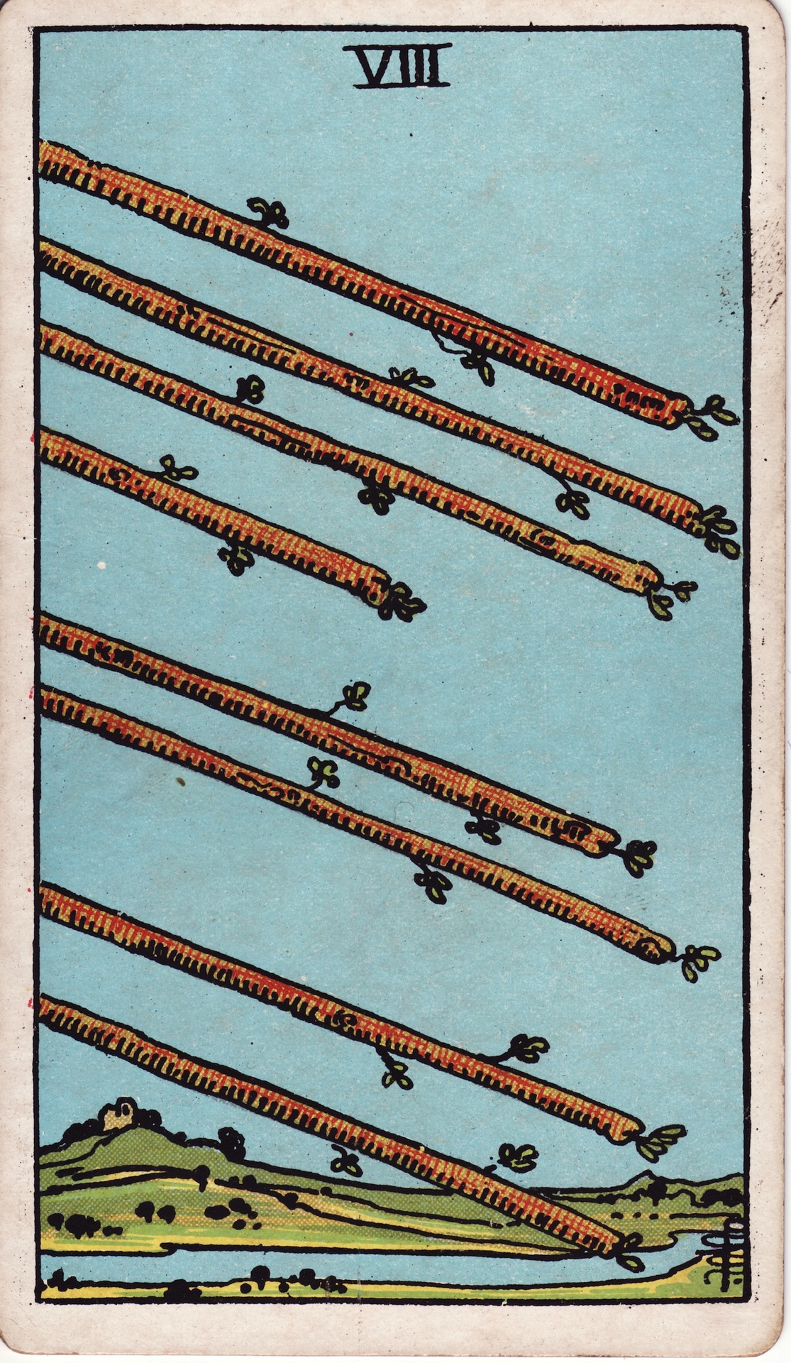 Eight of Wands — original Rider–Waite–Smith artwork by Pamela Colman Smith