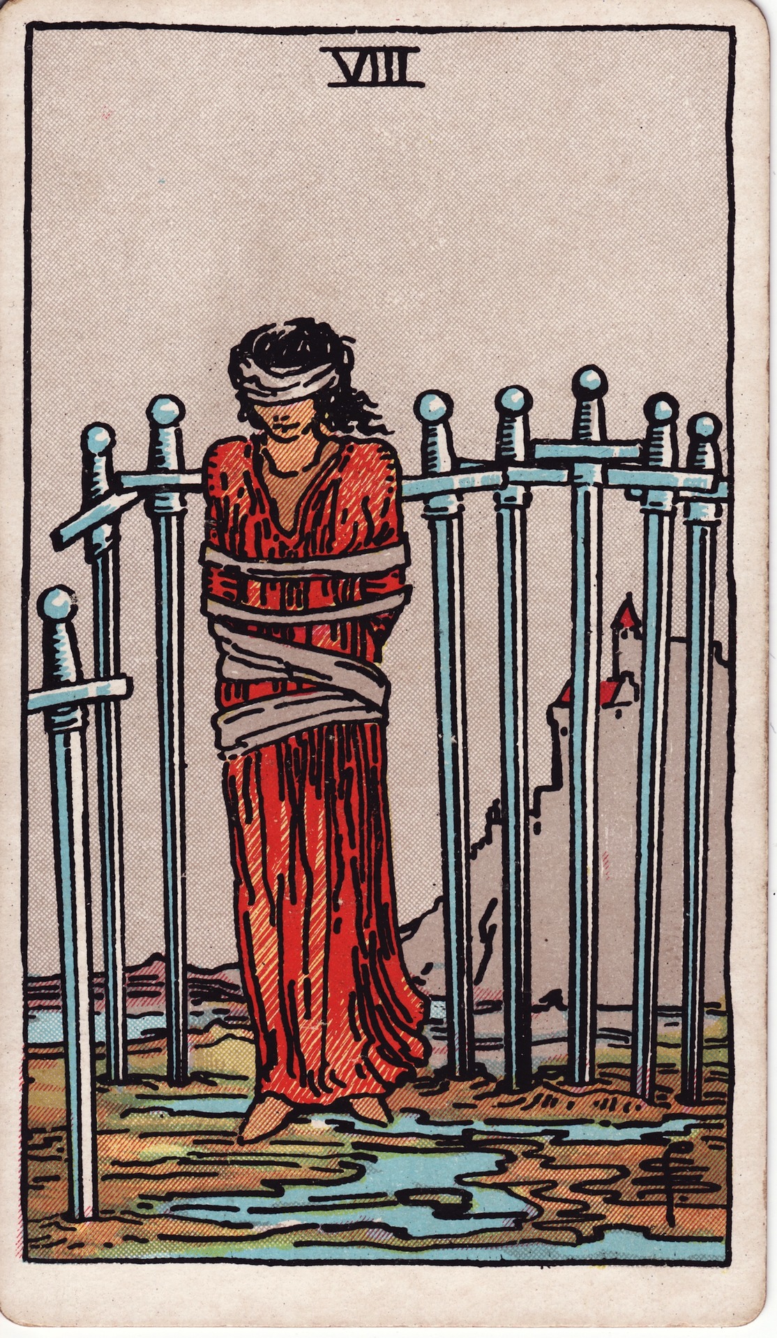 Eight of Swords — original Rider–Waite–Smith artwork by Pamela Colman Smith