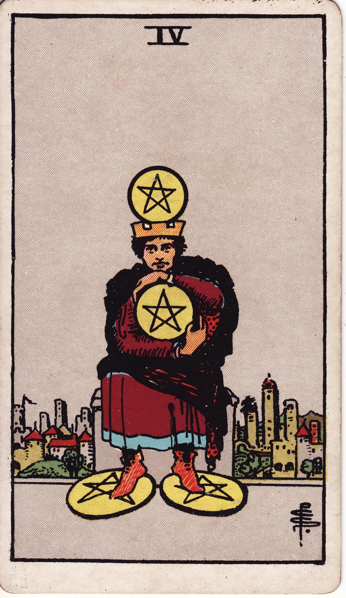 Four of Pentacles — original Rider–Waite–Smith artwork by Pamela Colman Smith