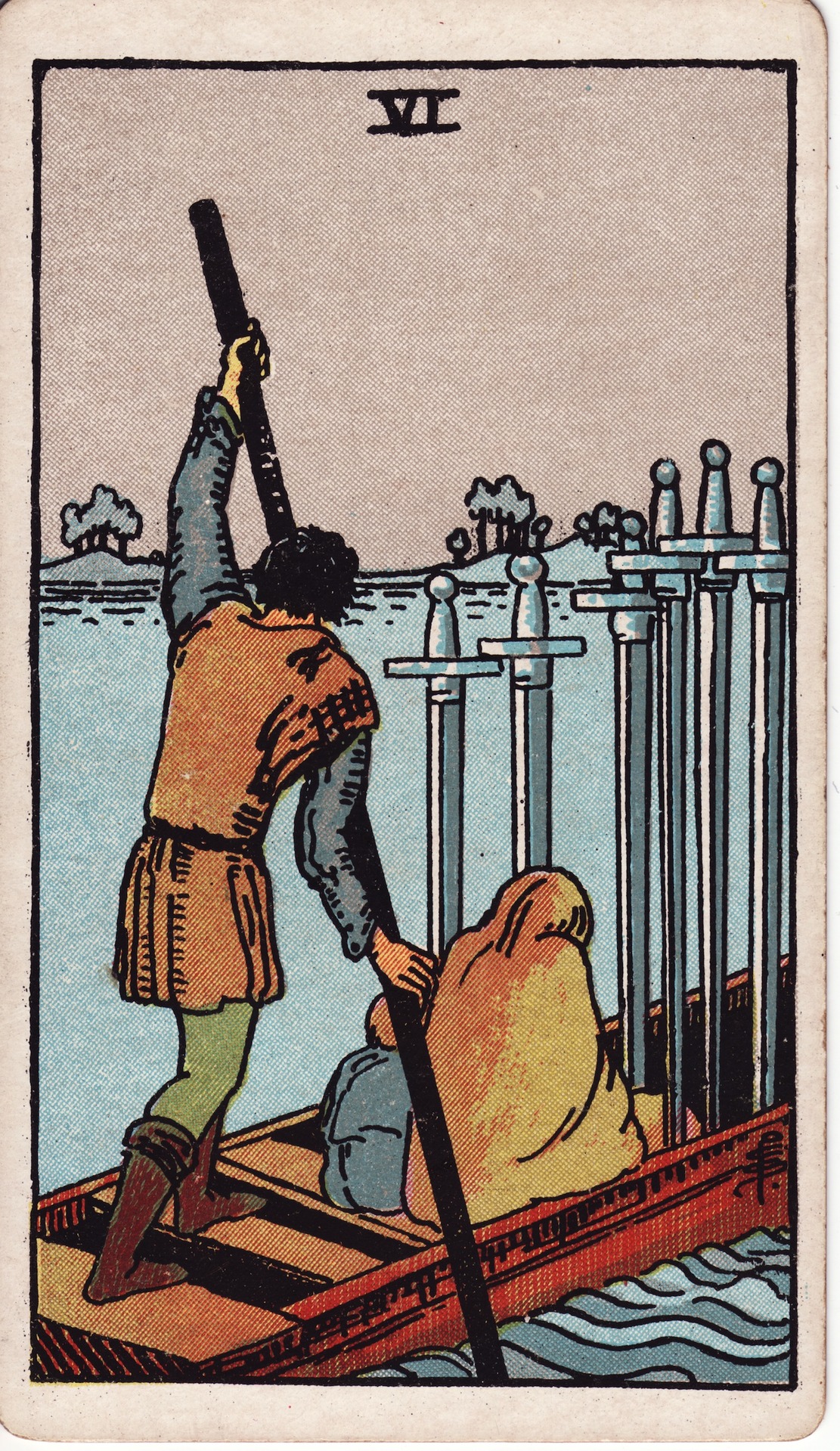 Six of Swords — original Rider–Waite–Smith artwork by Pamela Colman Smith
