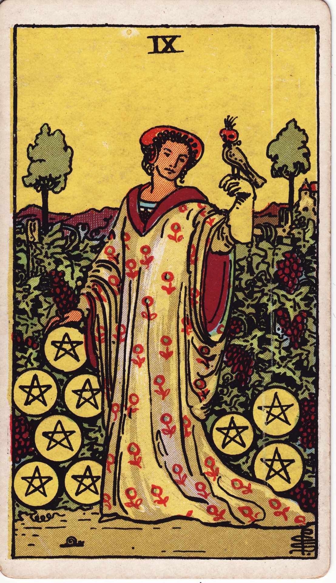 Nine of Pentacles — original Rider–Waite–Smith artwork by Pamela Colman Smith