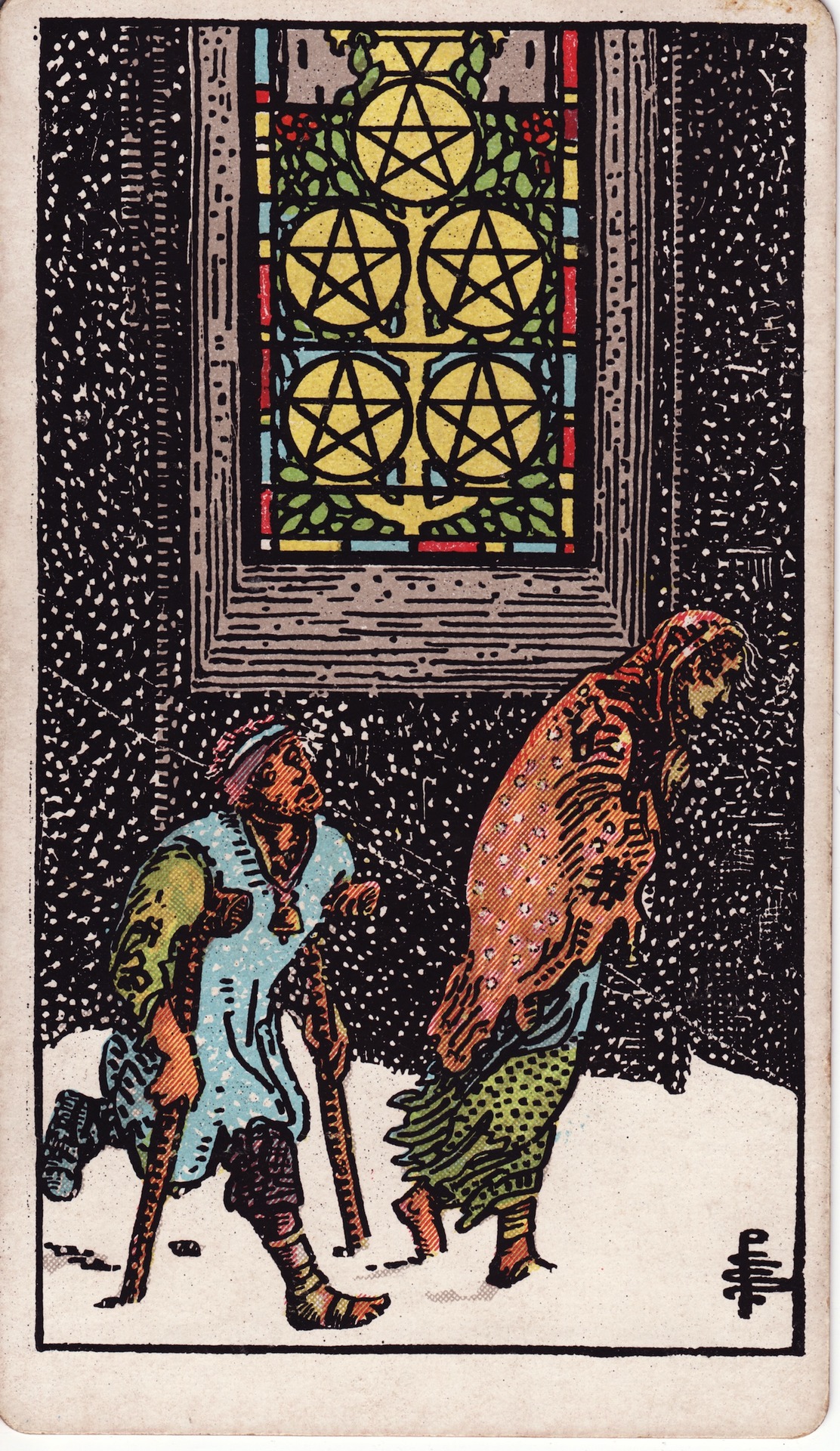Five of Pentacles — original Rider–Waite–Smith artwork by Pamela Colman Smith