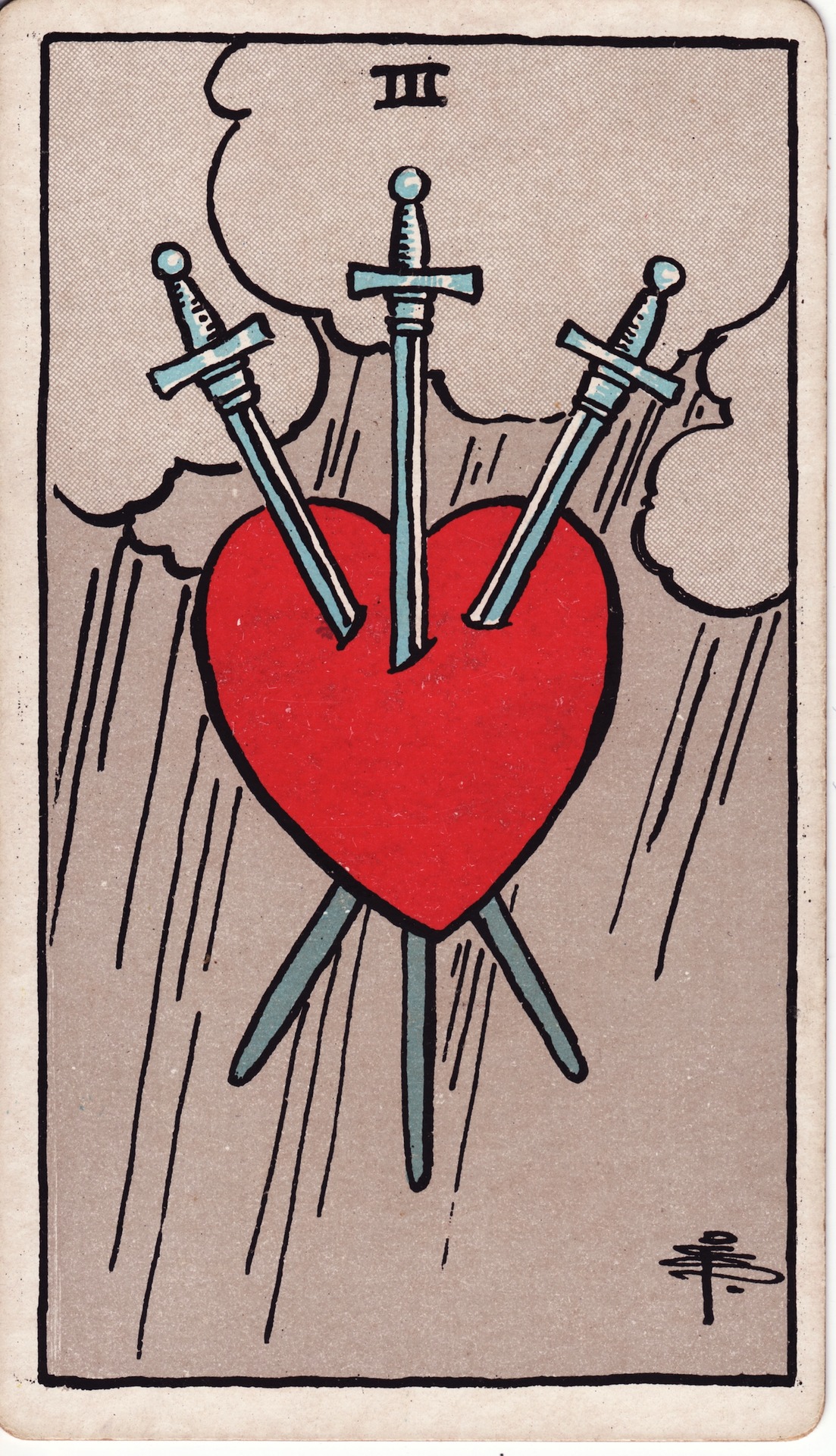 Three of Swords — original Rider–Waite–Smith artwork by Pamela Colman Smith