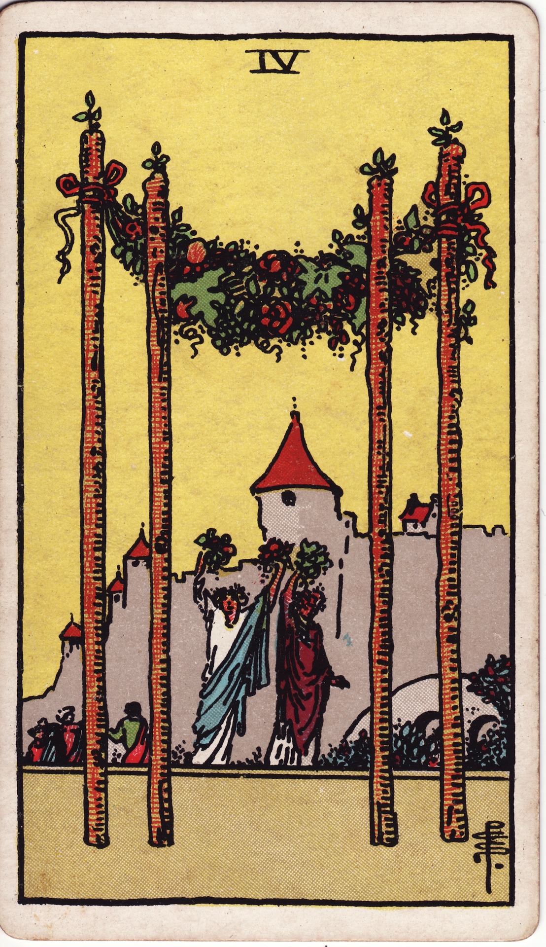 Four of Wands — original Rider–Waite–Smith artwork by Pamela Colman Smith