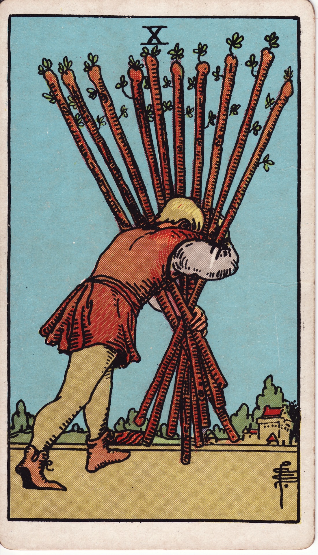 Ten of Wands — original Rider–Waite–Smith artwork by Pamela Colman Smith