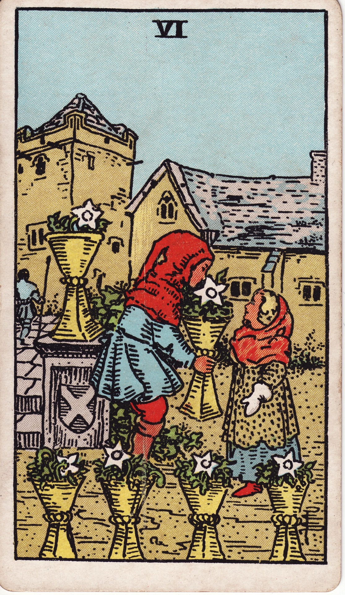 Six of Cups — original Rider–Waite–Smith artwork by Pamela Colman Smith