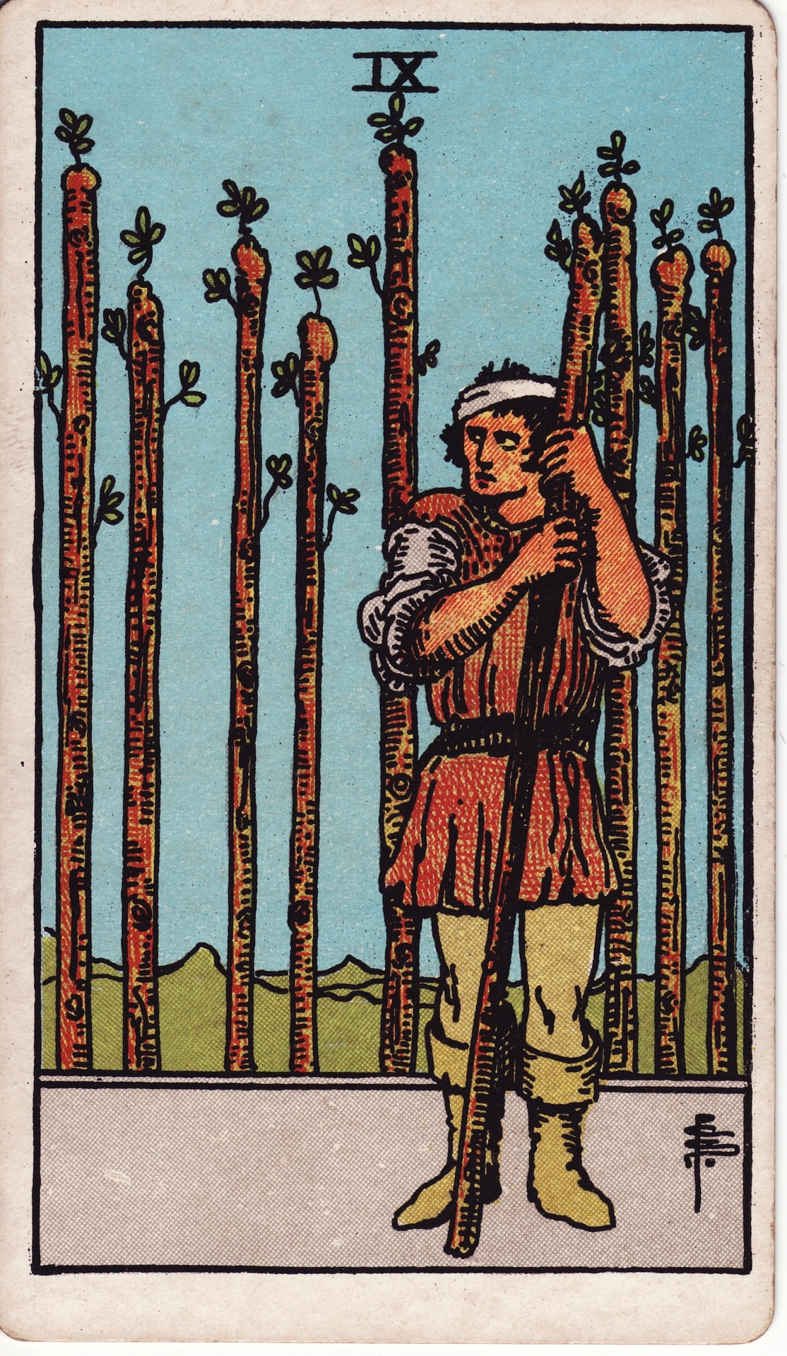 Nine of Wands — original Rider–Waite–Smith artwork by Pamela Colman Smith